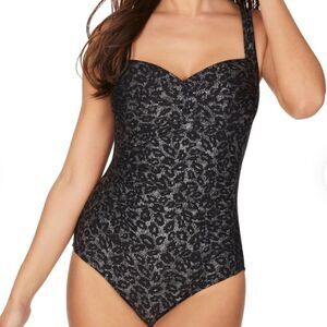 Nip Tuck Women's Black Leopard Foil  Twist Tummy Control One Piece Swimsuit